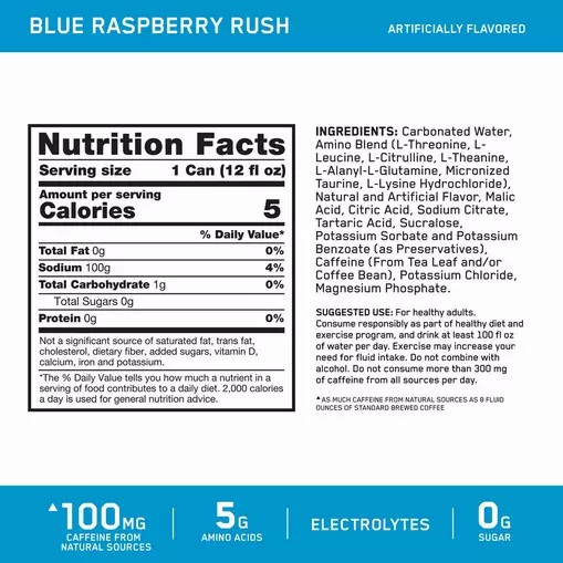 Optimum Nutrition ESSENTIAL AMIN.O. ENERGY+ Electrolytes Sparkling *new* Blue Raspberry Rush 355ml * 12 Cans (12 Servings) Hrvatska | 56VAPJHXT