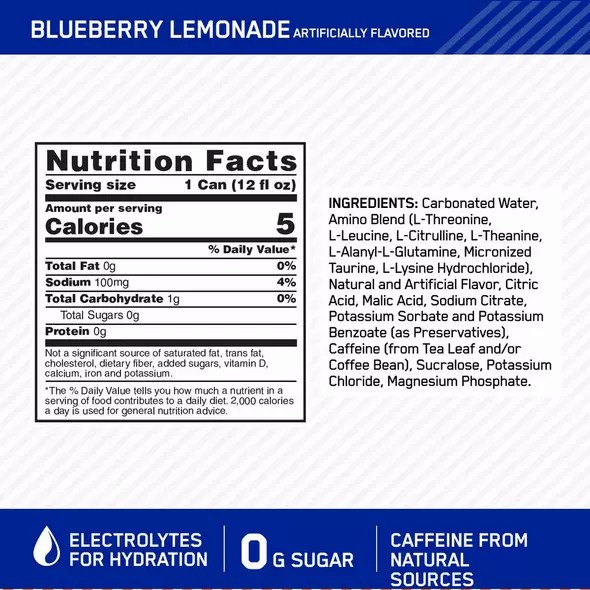 Optimum Nutrition ESSENTIAL AMIN.O. ENERGY+ Electrolytes Sparkling Blueberry Lemonade 355ml * 12 Cans (12 Servings) Hrvatska | 61HWKNGLI