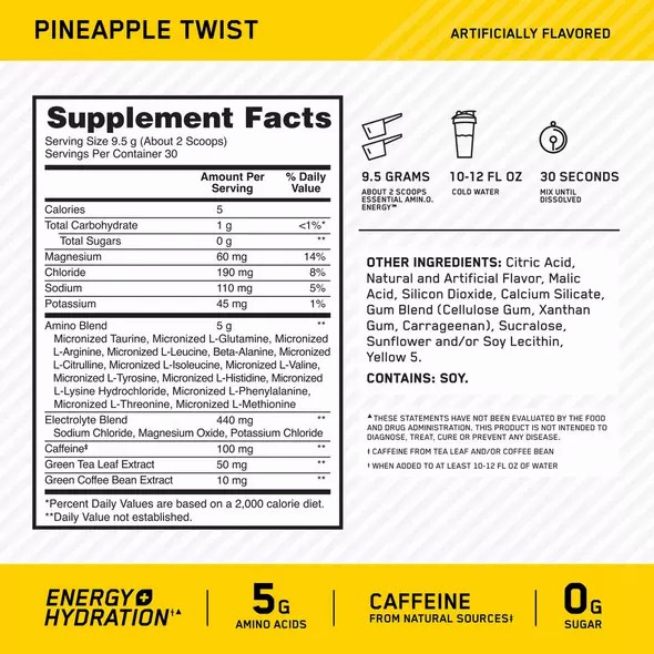 Optimum Nutrition Essential AMIN.O. ENERGY + Electrolytes Pineapple Twist 0.63 lb (30 Servings) Hrvatska | 29JYPMKFW