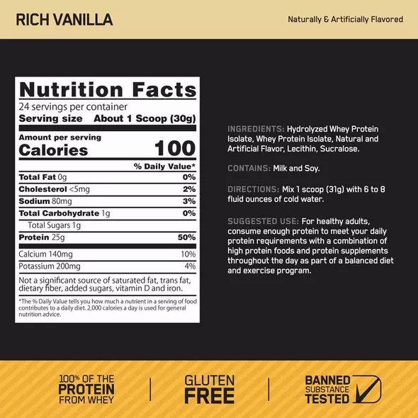 Optimum Nutrition GOLD STANDARD® 100% Isolate Rich Vanilla 2.91 lb (44 Servings) Hrvatska | 67KADYOGS