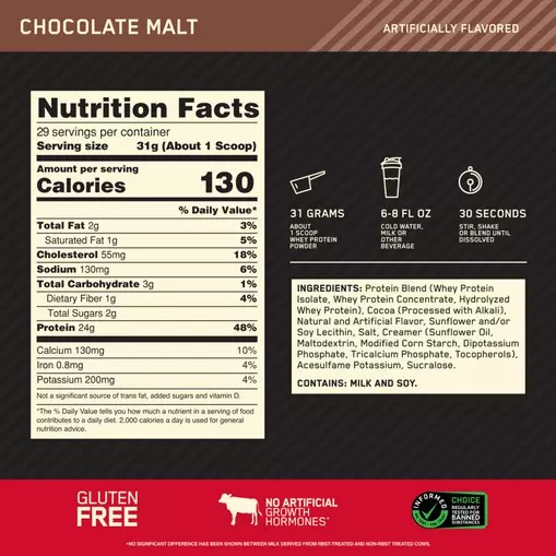 Optimum Nutrition GOLD STANDARD 100% WHEY™ Chocolate Malt 2 lb (29 Servings) Hrvatska | 29MPVFSWT