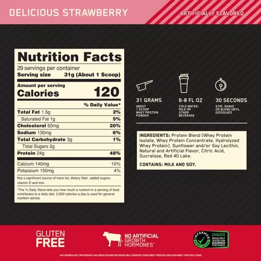 Optimum Nutrition GOLD STANDARD 100% WHEY™ Delicious Strawberry 2 lb (29 Servings) Hrvatska | 19WSRVMND