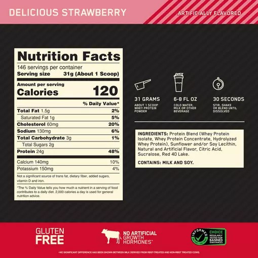 Optimum Nutrition GOLD STANDARD 100% WHEY™ Delicious Strawberry 10 lb (146 Servings) Hrvatska | 28PKYWBJI