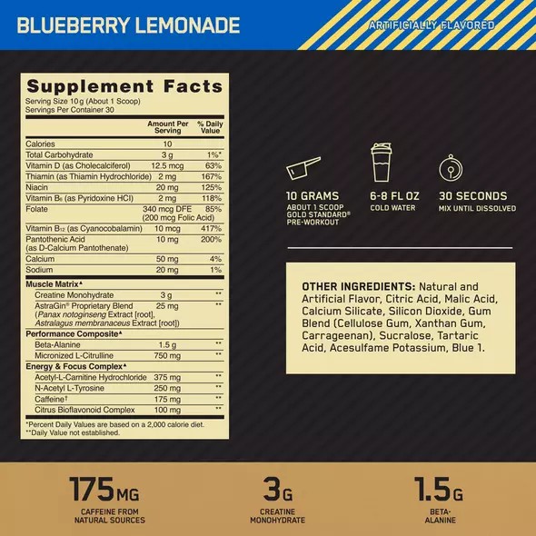 Optimum Nutrition GOLD STANDARD® Pre-Workout Blueberry Lemonade 0.66 lb (30 Servings) Hrvatska | 72ECIFKNW