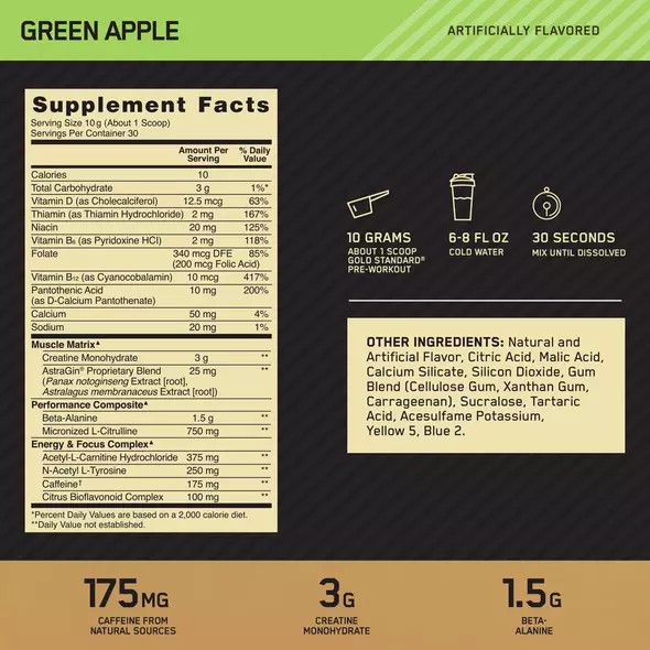 Optimum Nutrition GOLD STANDARD® Pre-Workout Green Apple 0.66 lb (30 Servings) Hrvatska | 80DKYMRSL