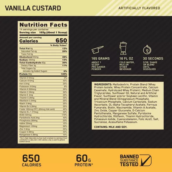 Optimum Nutrition GOLD STANDARD® Pro Gainer Vanilla Custard 5.09 lb (14 Servings) Hrvatska | 64YQLUODP