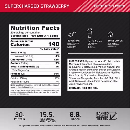 Optimum Nutrition PLATINUM HYDROWHEY™ Supercharged Strawberry 1.76 lb (20 Servings) Hrvatska | 41HZVBAOL