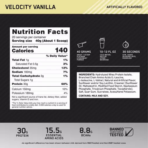 Optimum Nutrition PLATINUM HYDROWHEY™ Velocity Vanilla 1.76 lb (20 Servings) Hrvatska | 06VSMFOBD