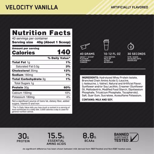 Optimum Nutrition PLATINUM HYDROWHEY™ Velocity Vanilla 3.52 lb (40 Servings) Hrvatska | 21UFVRIPE