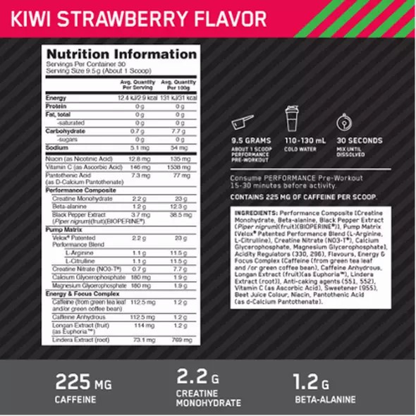 Optimum Nutrition Performance Pre-Workout Kiwi Strawberry 285g Hrvatska | 40KWCRUSL