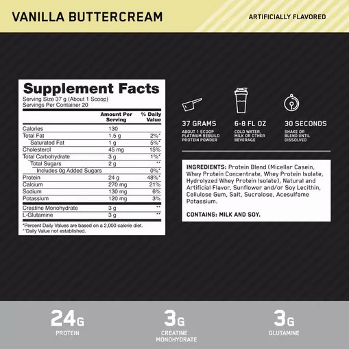 Optimum Nutrition Platinum Rebuild Vanilla Buttercream 1.63 lb (20 Servings) Hrvatska | 65CLFDUBT