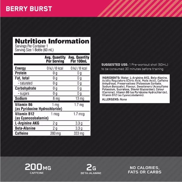 Optimum Nutrition Pure Pre 200 Pre-Workout Shot Berry 60ml (12 shots) Hrvatska | 84XEPIFQZ