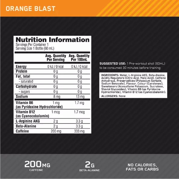 Optimum Nutrition Pure Pre 200 Pre-Workout Shot Orange 60ml (12 shots) Hrvatska | 46PCAOYLB