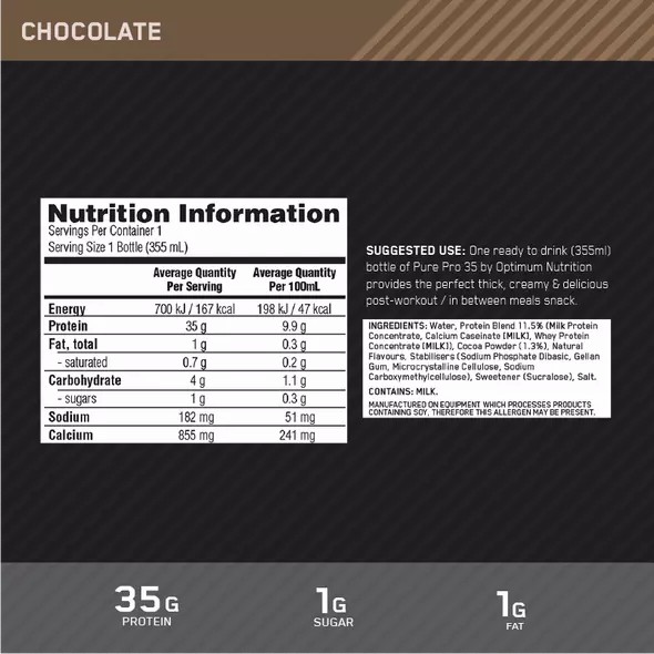 Optimum Nutrition Pure Pro 35 Chocolate 355ml (6 bottles) Hrvatska | 17YAWVTRU