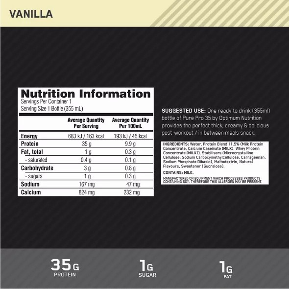 Optimum Nutrition Pure Pro 35 Vanilla 355ml (6 bottles) Hrvatska | 53RSYFXJL