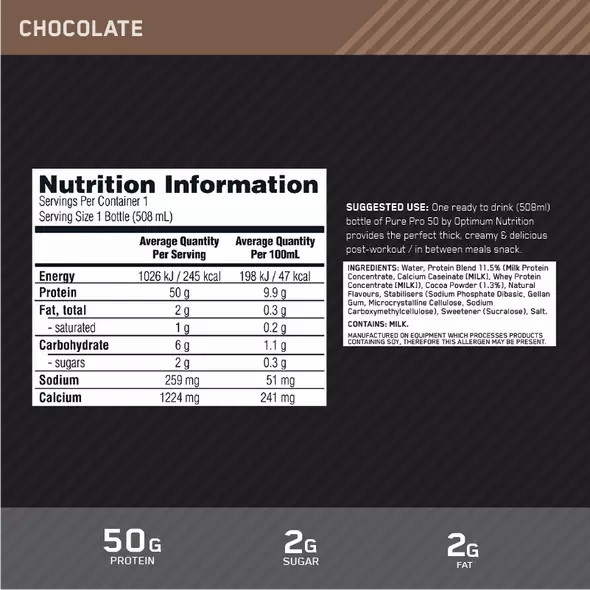 Optimum Nutrition Pure Pro 50 Chocolate 508ml (12 bottles) Hrvatska | 32NZJMDFP