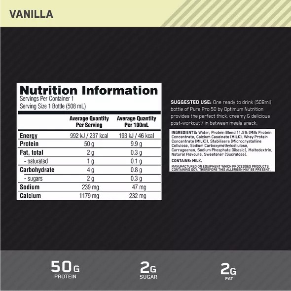 Optimum Nutrition Pure Pro 50 Vanilla 508ml (12 bottles) Hrvatska | 20EZGMONK